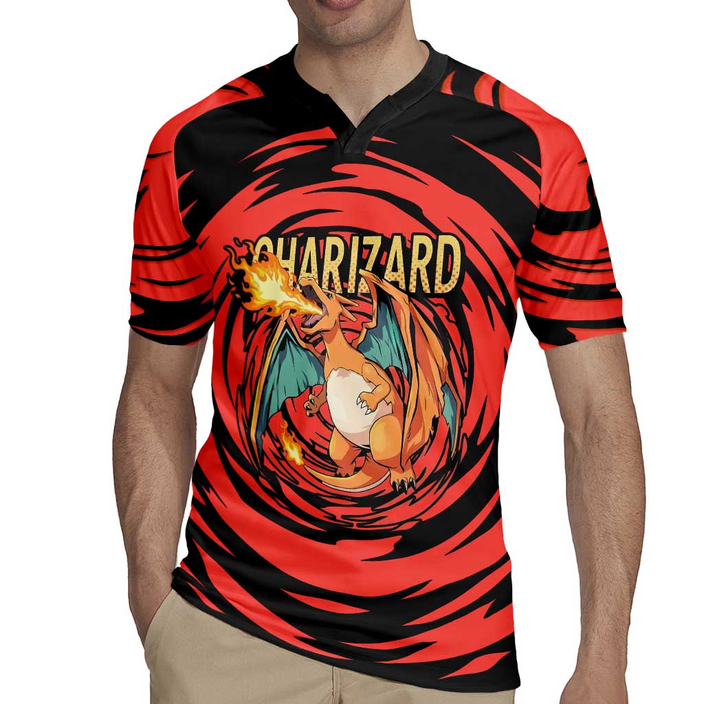 Charizard Pokémon Red and Black Swirl Design Rugby Jersey with Flames, Pokéball Accents, and Dynamic Fire-Breathing Pose - The Mazicc