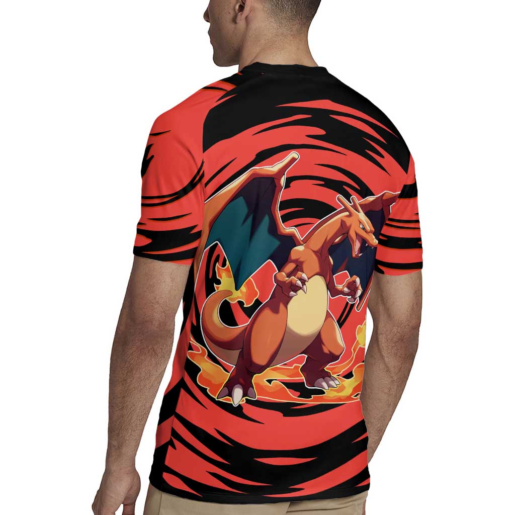 Charizard Pokémon Red and Black Swirl Design Rugby Jersey with Flames, Pokéball Accents, and Dynamic Fire-Breathing Pose - The Mazicc