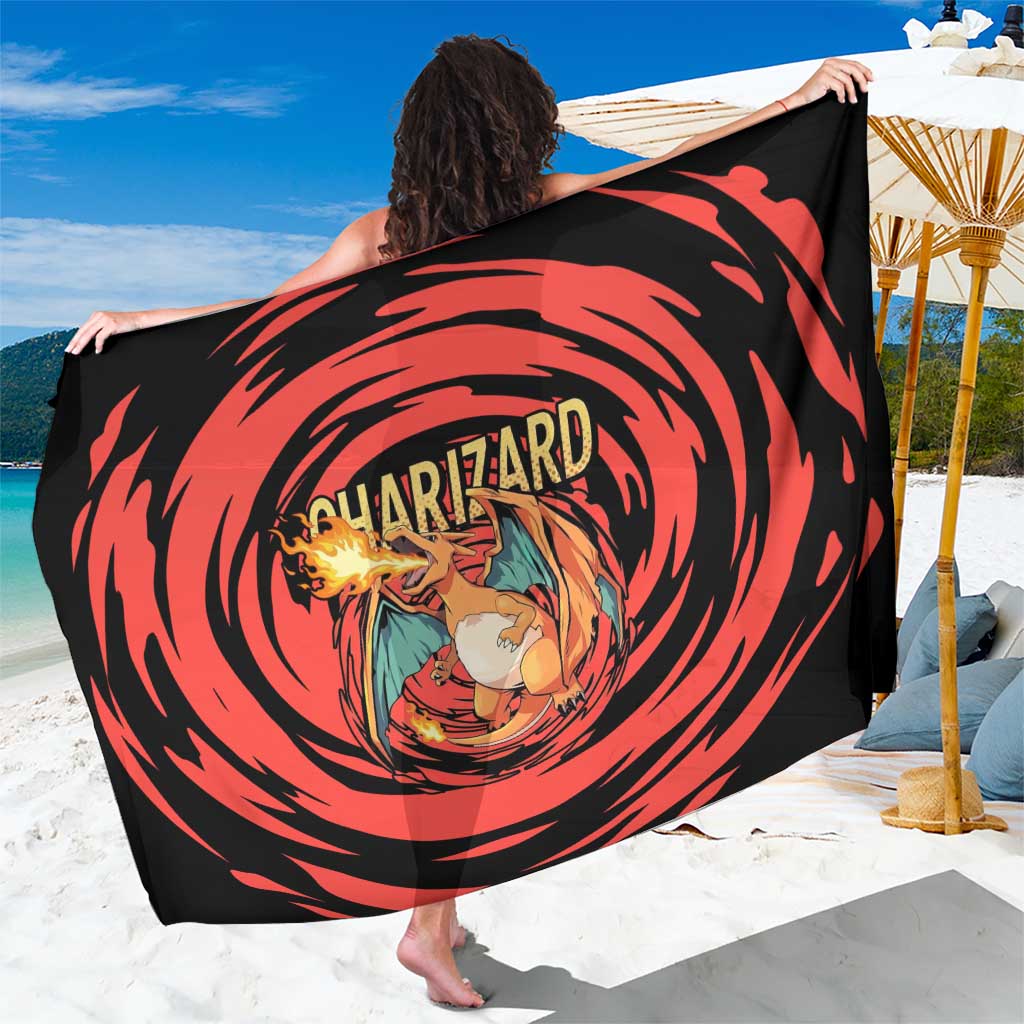 Charizard Pokémon Red and Black Swirl Design Sarong with Flames, Pokéball Accents, and Dynamic Fire-Breathing Pose - The Mazicc