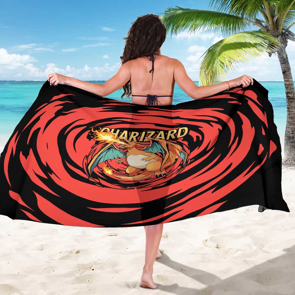 Charizard Pokémon Red and Black Swirl Design Sarong with Flames, Pokéball Accents, and Dynamic Fire-Breathing Pose - The Mazicc