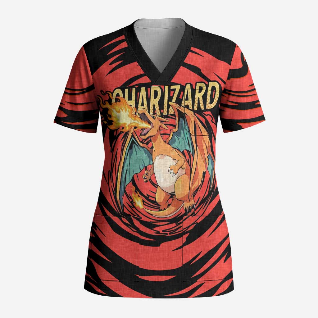 Charizard Pokémon Red and Black Swirl Design Scrub Top with Flames, Pokéball Accents, and Dynamic Fire-Breathing Pose - The Mazicc