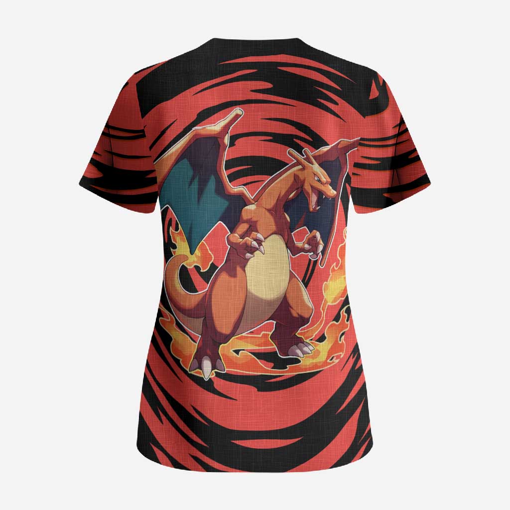 Charizard Pokémon Red and Black Swirl Design Scrub Top with Flames, Pokéball Accents, and Dynamic Fire-Breathing Pose - The Mazicc