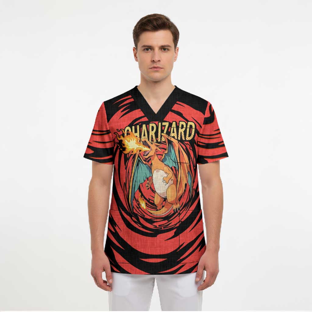 Charizard Pokémon Red and Black Swirl Design Scrub Top with Flames, Pokéball Accents, and Dynamic Fire-Breathing Pose - The Mazicc