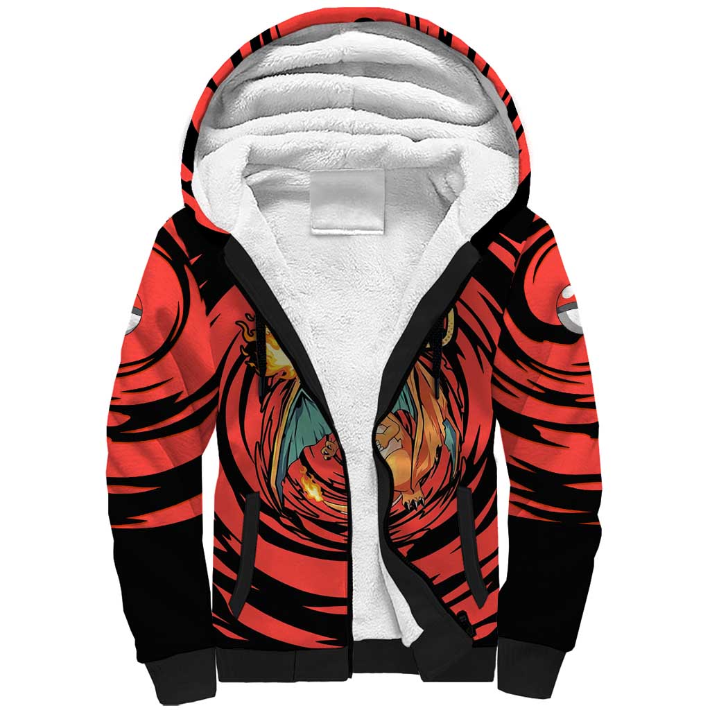 Charizard Pokémon Red and Black Swirl Design Sherpa Hoodie with Flames, Pokéball Accents, and Dynamic Fire-Breathing Pose - The Mazicc
