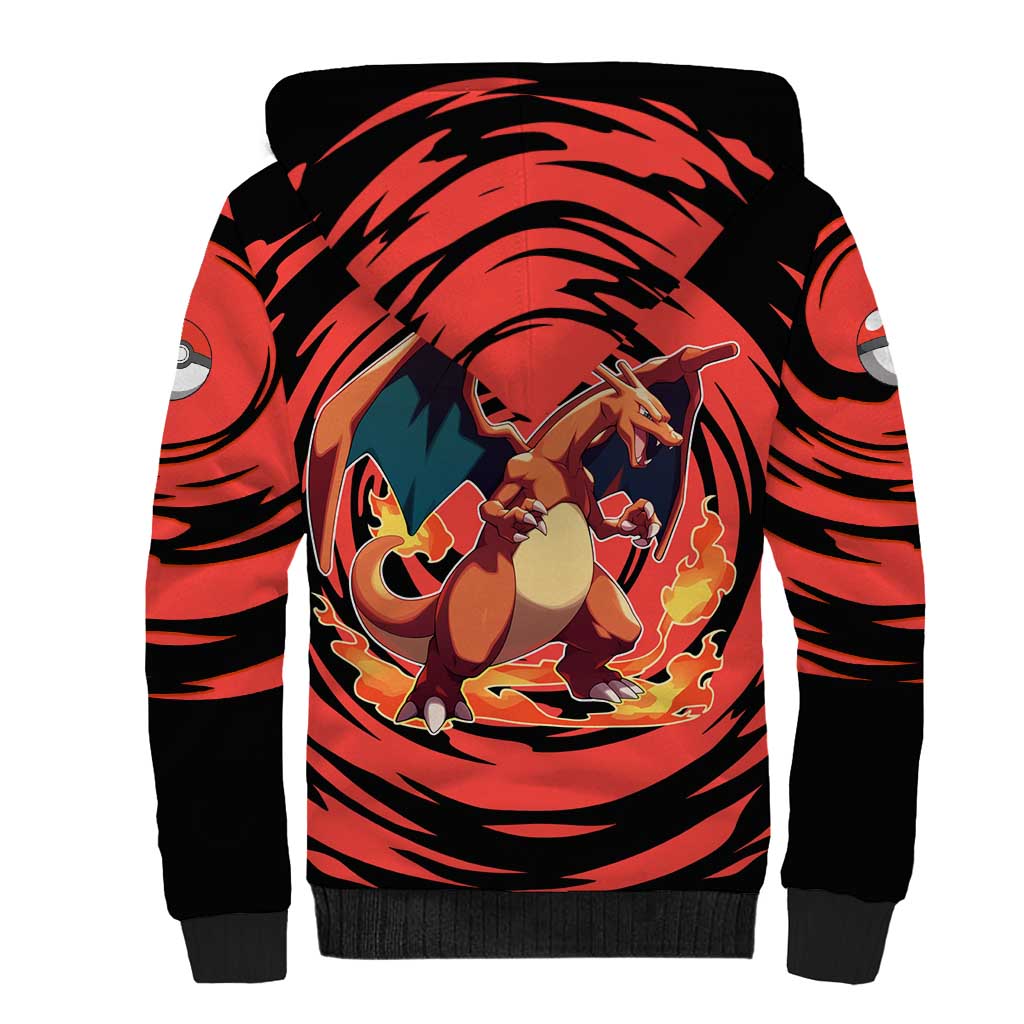 Charizard Pokémon Red and Black Swirl Design Sherpa Hoodie with Flames, Pokéball Accents, and Dynamic Fire-Breathing Pose - The Mazicc