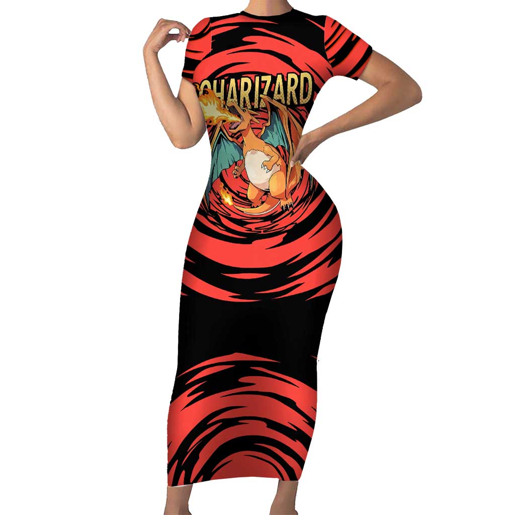 Charizard Pokémon Red and Black Swirl Design Short Sleeve Bodycon Dress with Flames, Pokéball Accents, and Dynamic Fire-Breathing Pose - The Mazicc