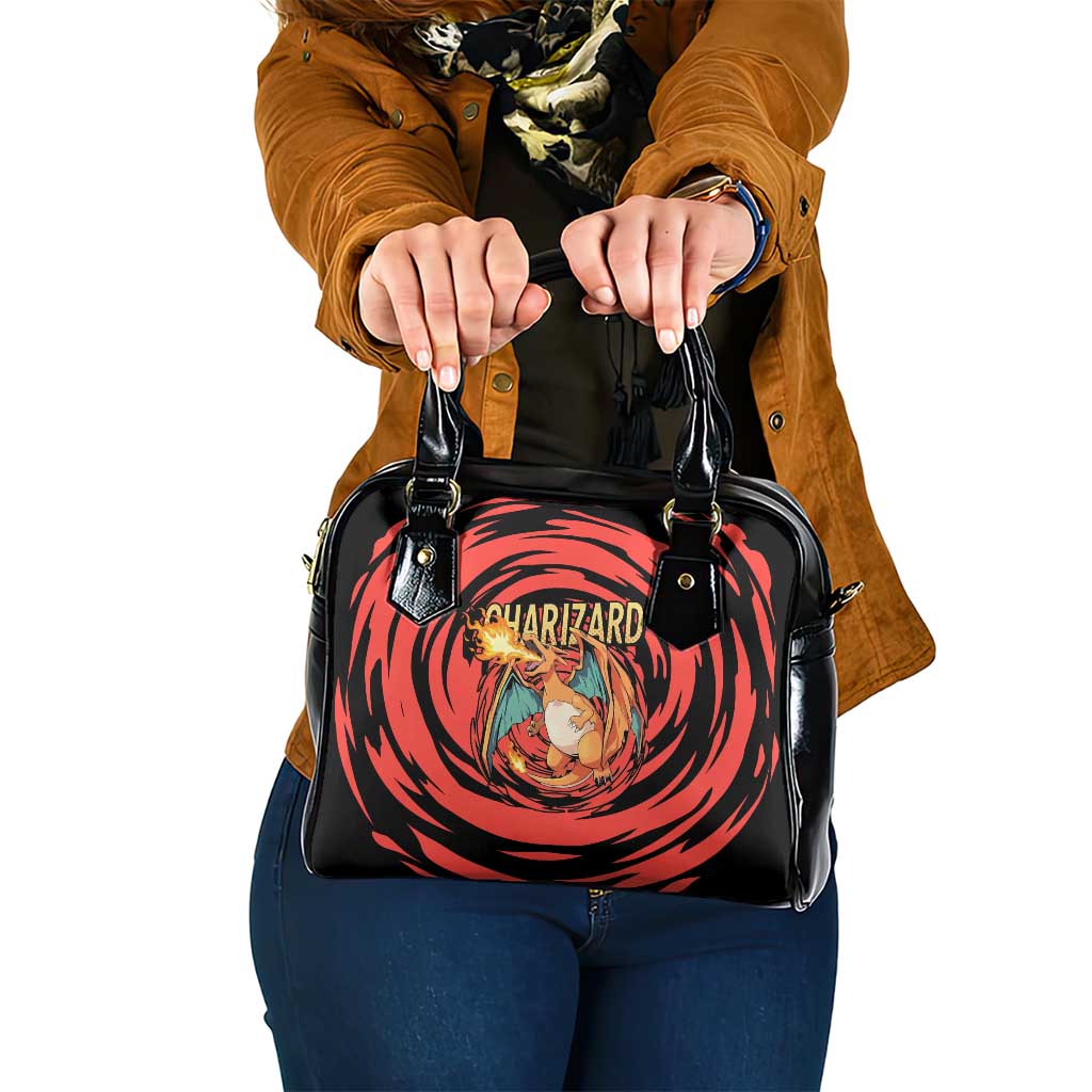Charizard Pokémon Red and Black Swirl Design Shoulder Handbag with Flames, Pokéball Accents, and Dynamic Fire-Breathing Pose - The Mazicc