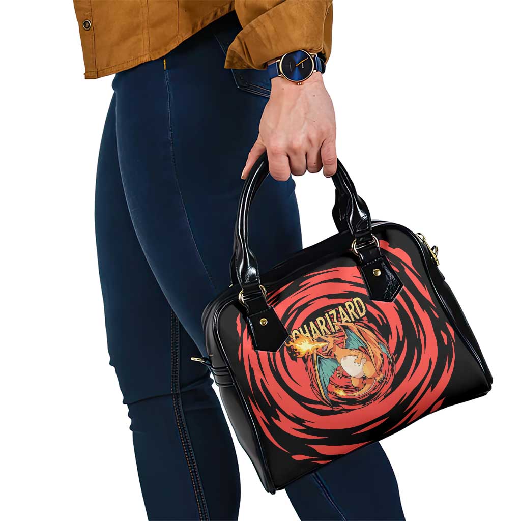 Charizard Pokémon Red and Black Swirl Design Shoulder Handbag with Flames, Pokéball Accents, and Dynamic Fire-Breathing Pose - The Mazicc