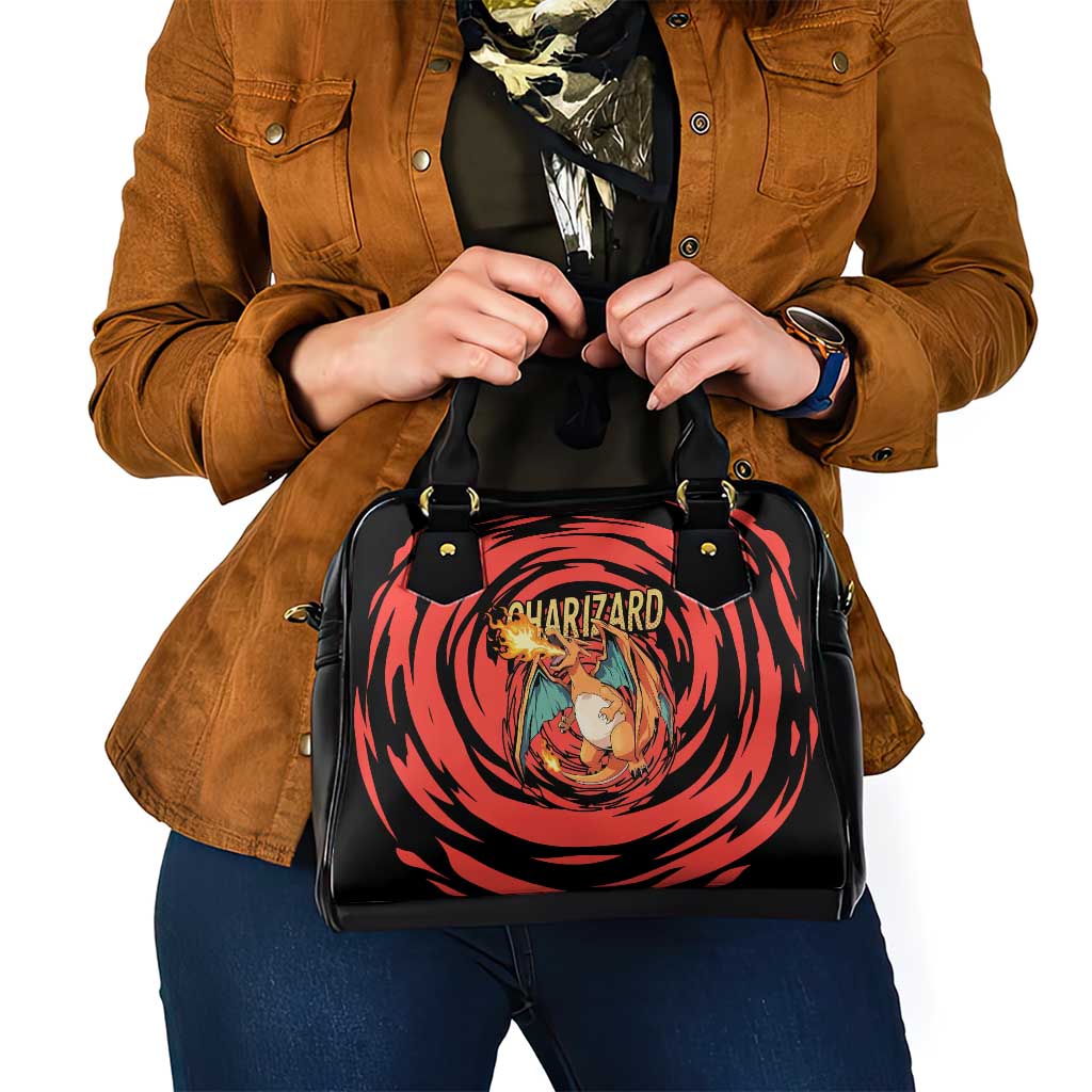 Charizard Pokémon Red and Black Swirl Design Shoulder Handbag with Flames, Pokéball Accents, and Dynamic Fire-Breathing Pose - The Mazicc
