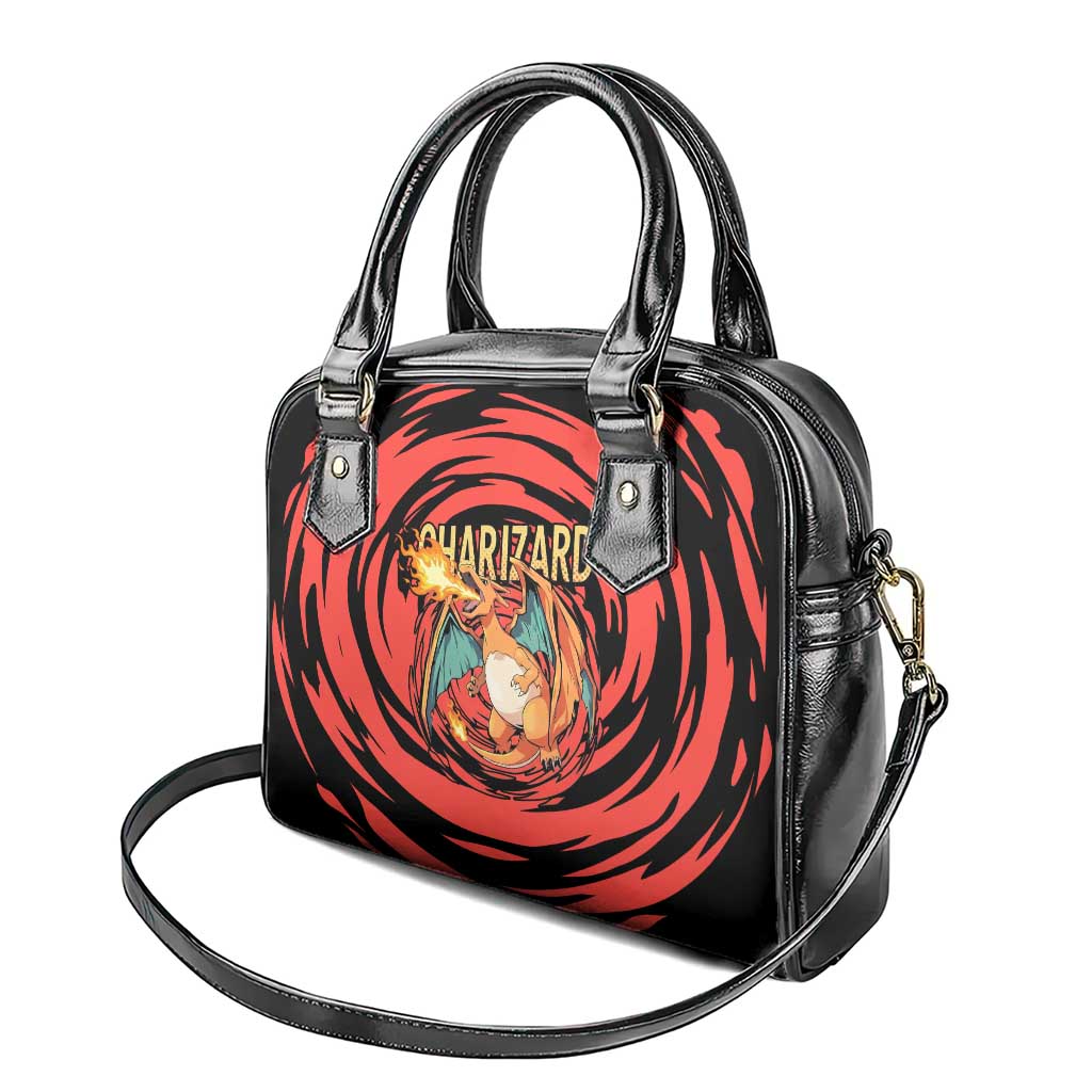 Charizard Pokémon Red and Black Swirl Design Shoulder Handbag with Flames, Pokéball Accents, and Dynamic Fire-Breathing Pose - The Mazicc