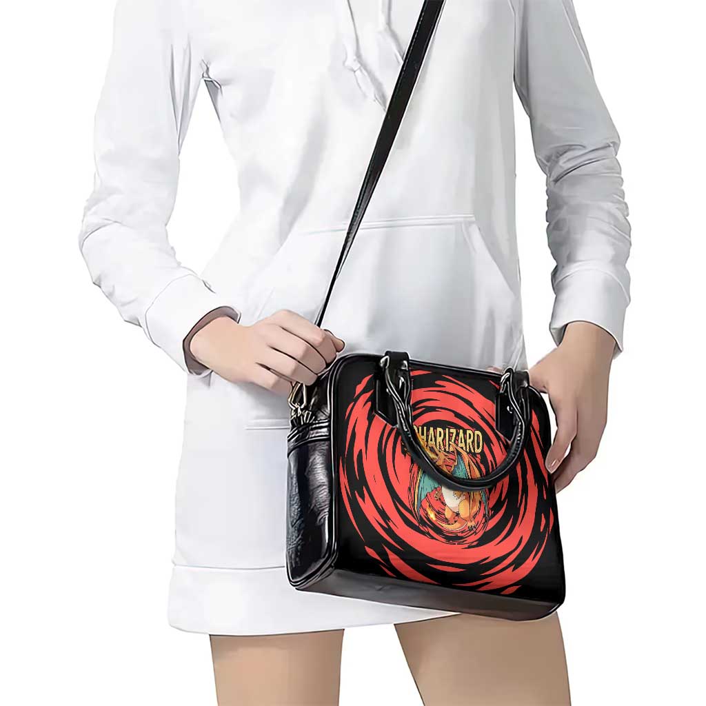 Charizard Pokémon Red and Black Swirl Design Shoulder Handbag with Flames, Pokéball Accents, and Dynamic Fire-Breathing Pose - The Mazicc