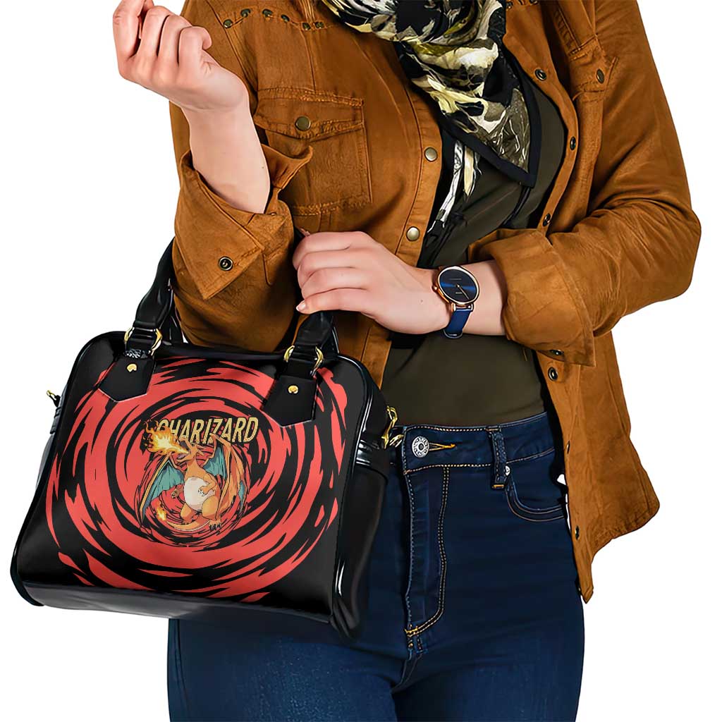 Charizard Pokémon Red and Black Swirl Design Shoulder Handbag with Flames, Pokéball Accents, and Dynamic Fire-Breathing Pose - The Mazicc