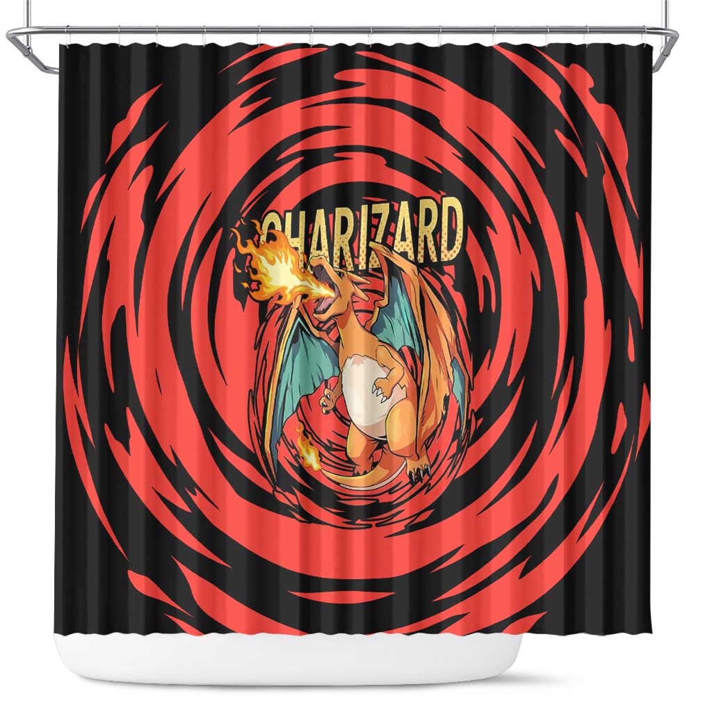 Charizard Pokémon Red and Black Swirl Design Shower Curtain with Flames, Pokéball Accents, and Dynamic Fire-Breathing Pose - The Mazicc