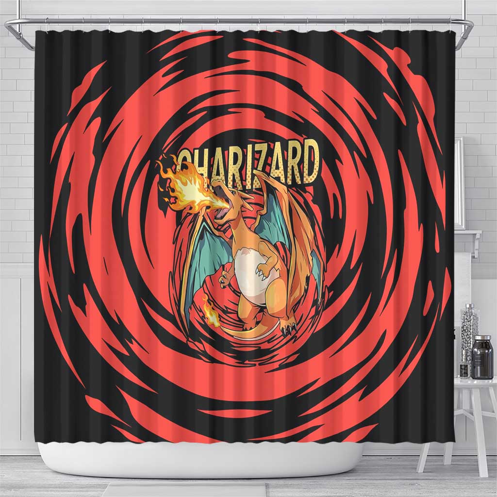 Charizard Pokémon Red and Black Swirl Design Shower Curtain with Flames, Pokéball Accents, and Dynamic Fire-Breathing Pose - The Mazicc