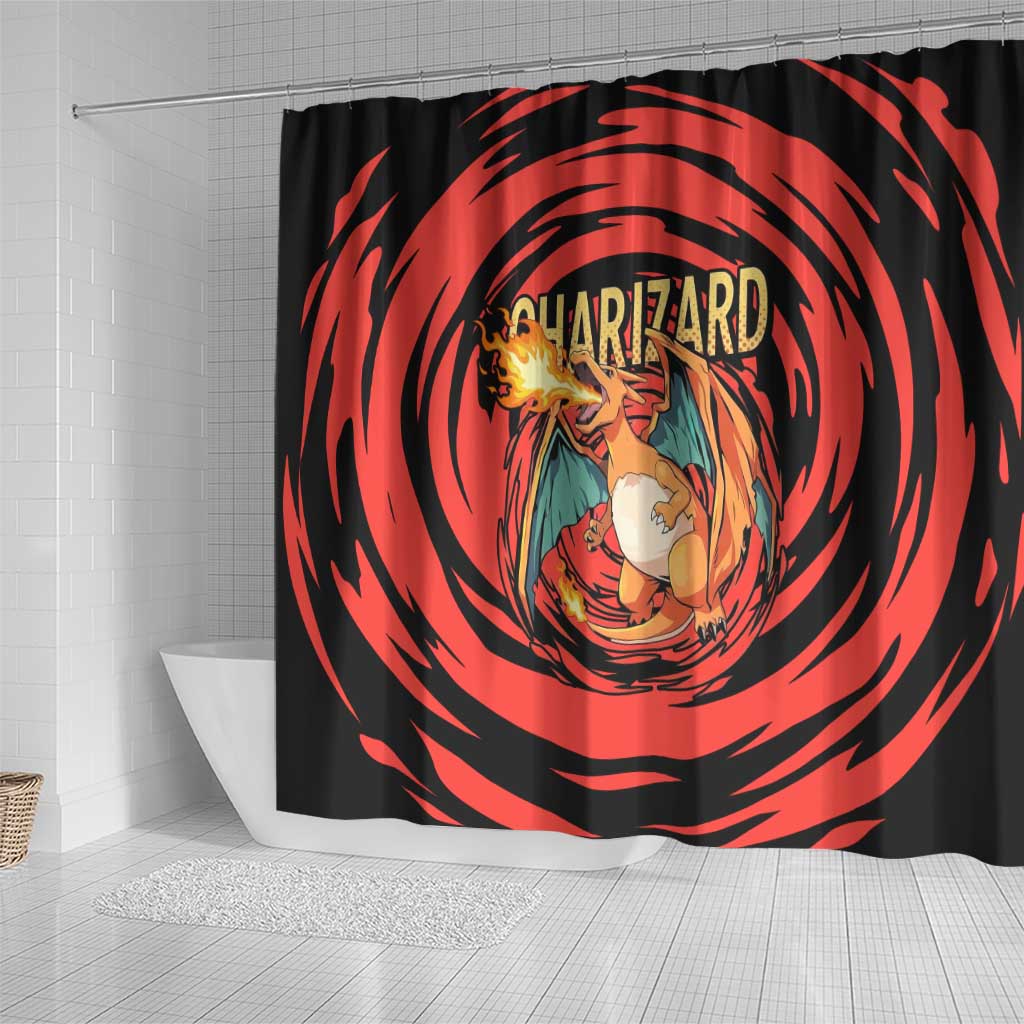 Charizard Pokémon Red and Black Swirl Design Shower Curtain with Flames, Pokéball Accents, and Dynamic Fire-Breathing Pose - The Mazicc
