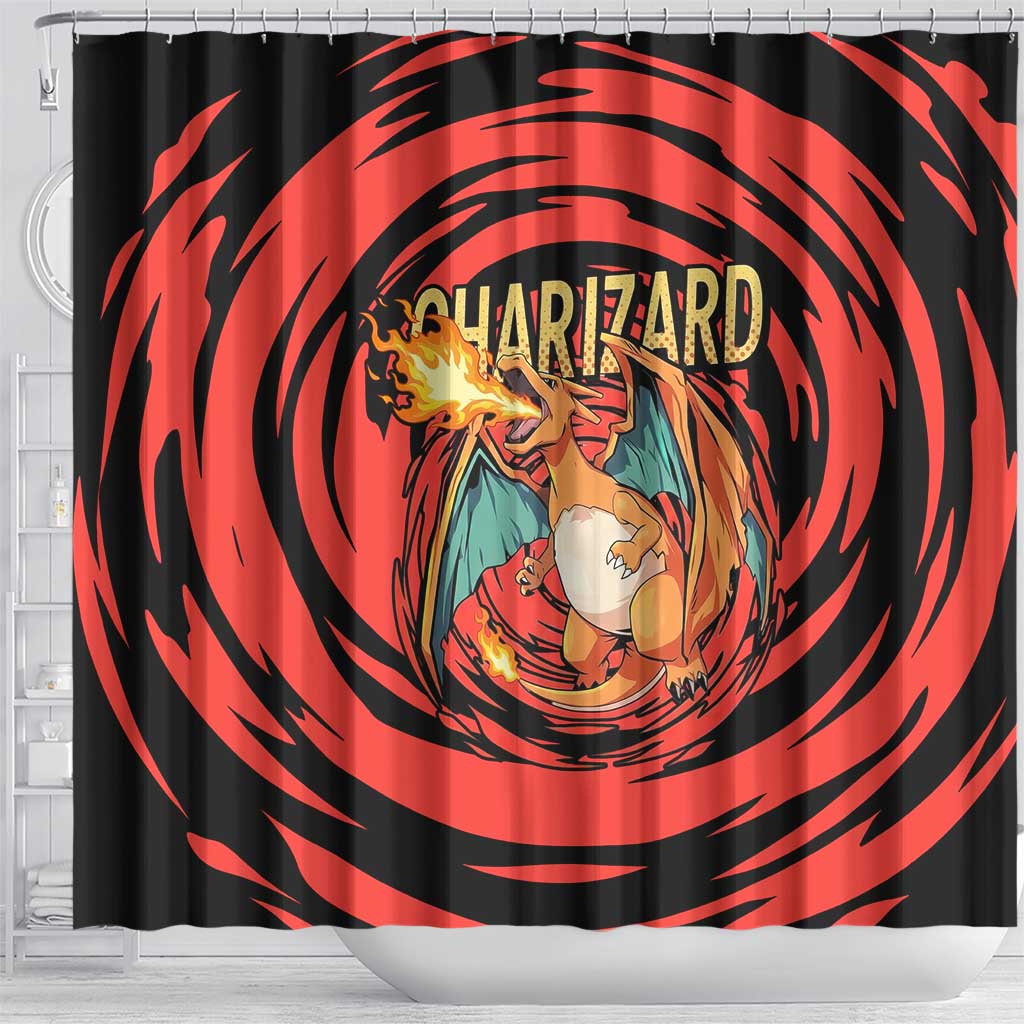 Charizard Pokémon Red and Black Swirl Design Shower Curtain with Flames, Pokéball Accents, and Dynamic Fire-Breathing Pose - The Mazicc