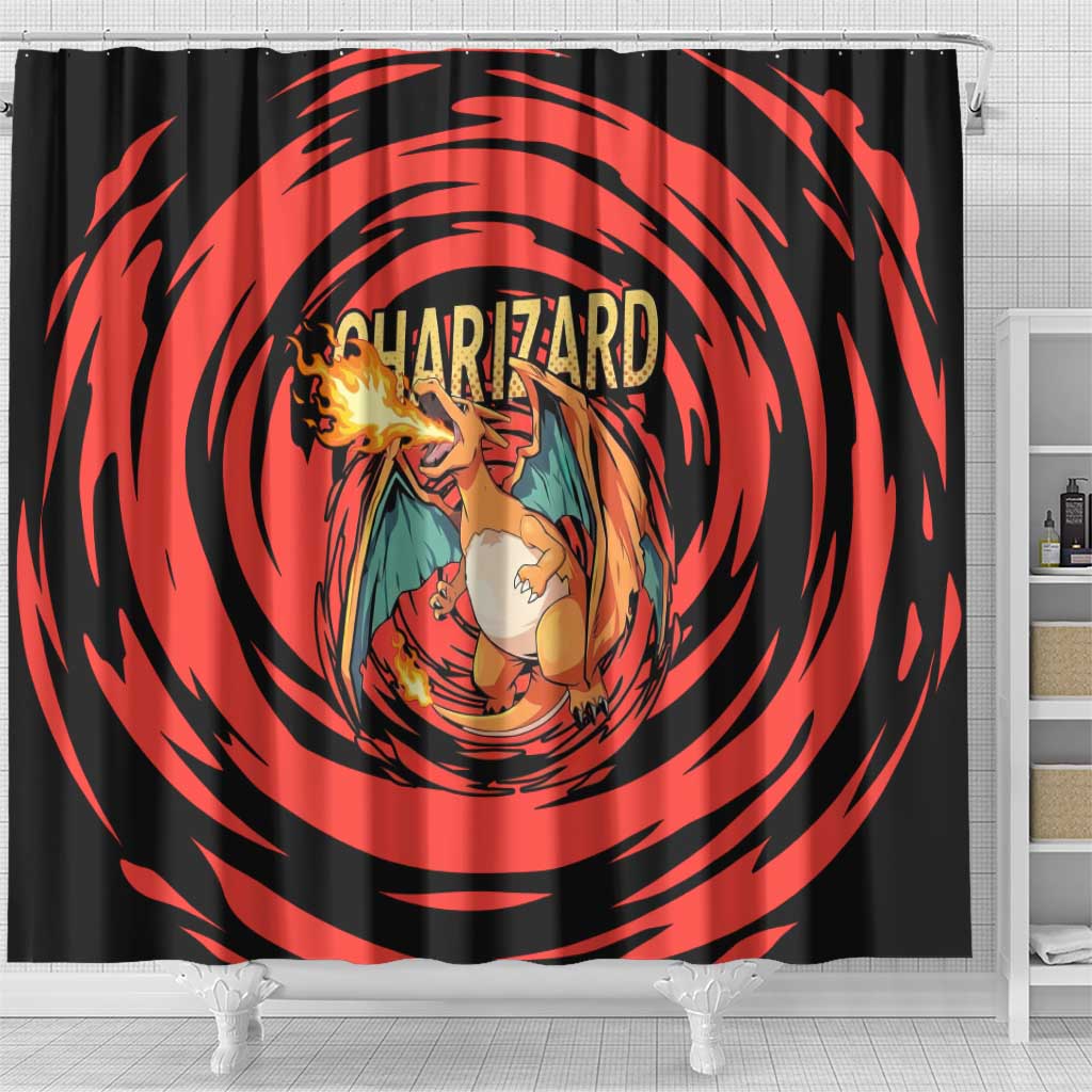 Charizard Pokémon Red and Black Swirl Design Shower Curtain with Flames, Pokéball Accents, and Dynamic Fire-Breathing Pose - The Mazicc