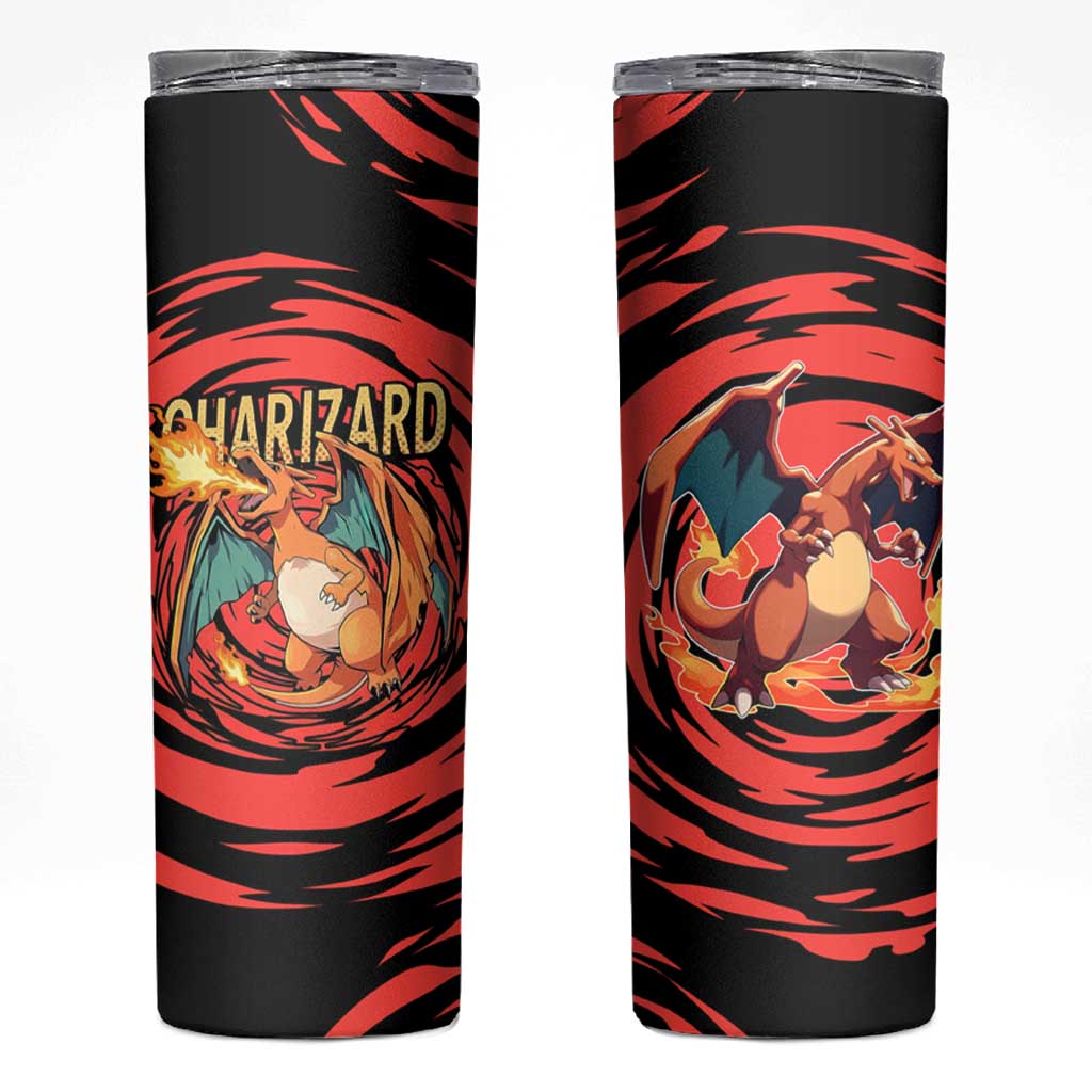 Charizard Pokémon Red and Black Swirl Design Skinny Tumbler with Flames, Pokéball Accents, and Dynamic Fire-Breathing Pose - The Mazicc