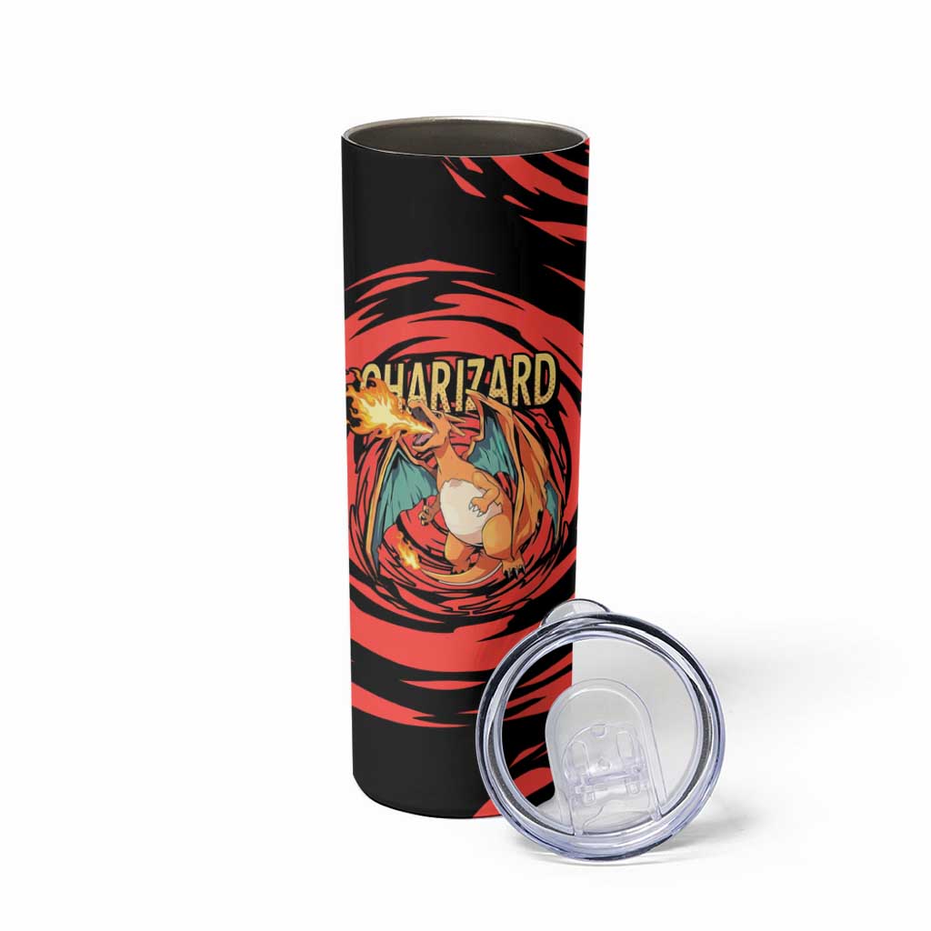 Charizard Pokémon Red and Black Swirl Design Skinny Tumbler with Flames, Pokéball Accents, and Dynamic Fire-Breathing Pose - The Mazicc
