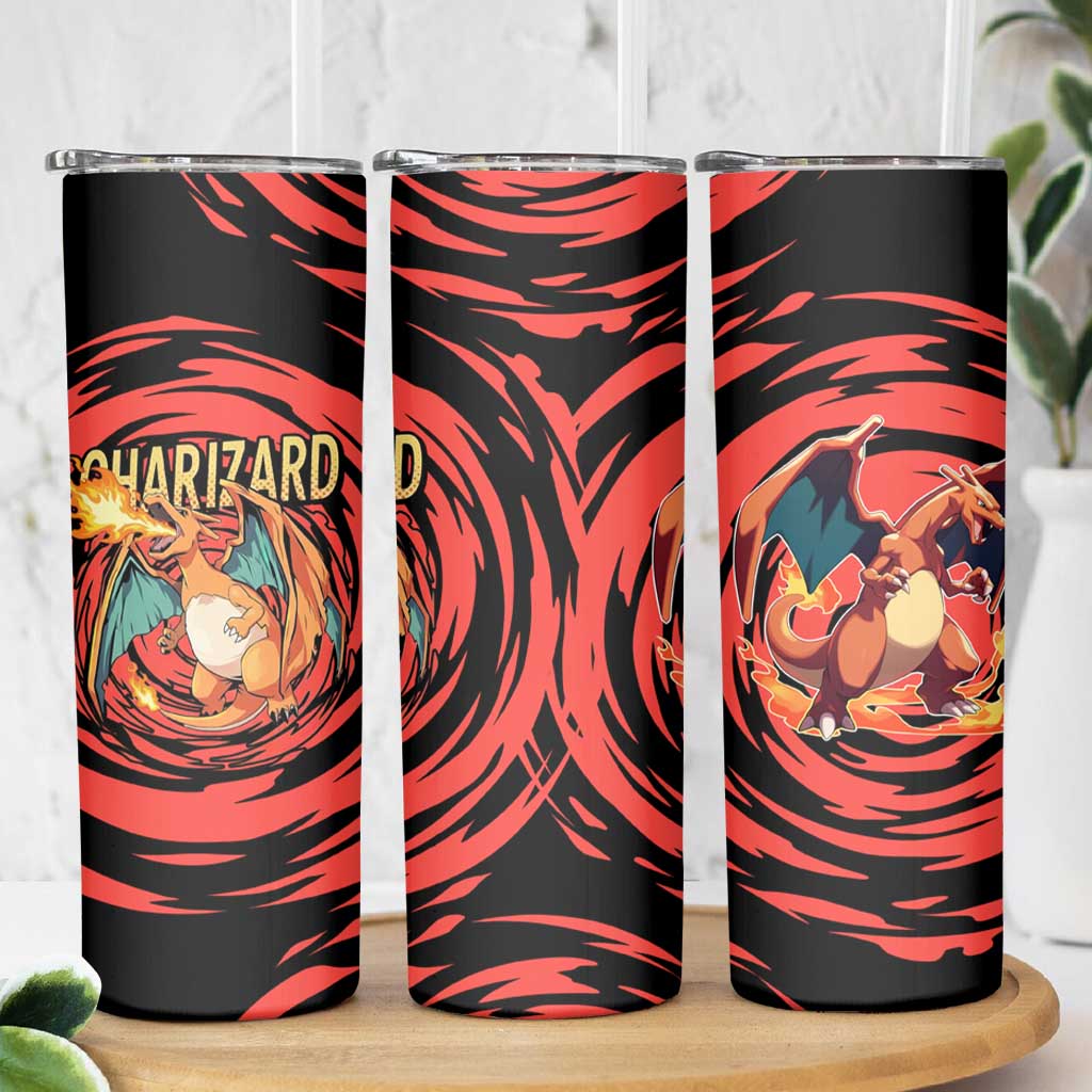 Charizard Pokémon Red and Black Swirl Design Skinny Tumbler with Flames, Pokéball Accents, and Dynamic Fire-Breathing Pose - The Mazicc