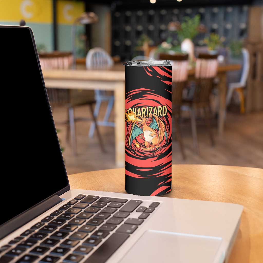 Charizard Pokémon Red and Black Swirl Design Skinny Tumbler with Flames, Pokéball Accents, and Dynamic Fire-Breathing Pose - The Mazicc