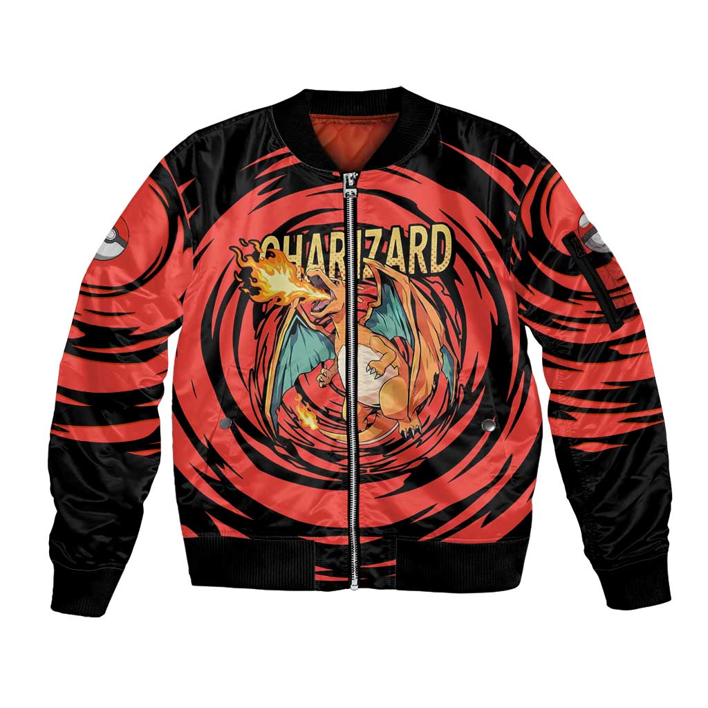 Charizard Pokémon Red and Black Swirl Design Sleeve Zip Bomber Jacket with Flames, Pokéball Accents, and Dynamic Fire-Breathing Pose - The Mazicc