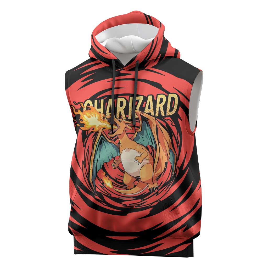 Charizard Pokémon Red and Black Swirl Design Sleeveless Hoodie with Flames, Pokéball Accents, and Dynamic Fire-Breathing Pose - The Mazicc