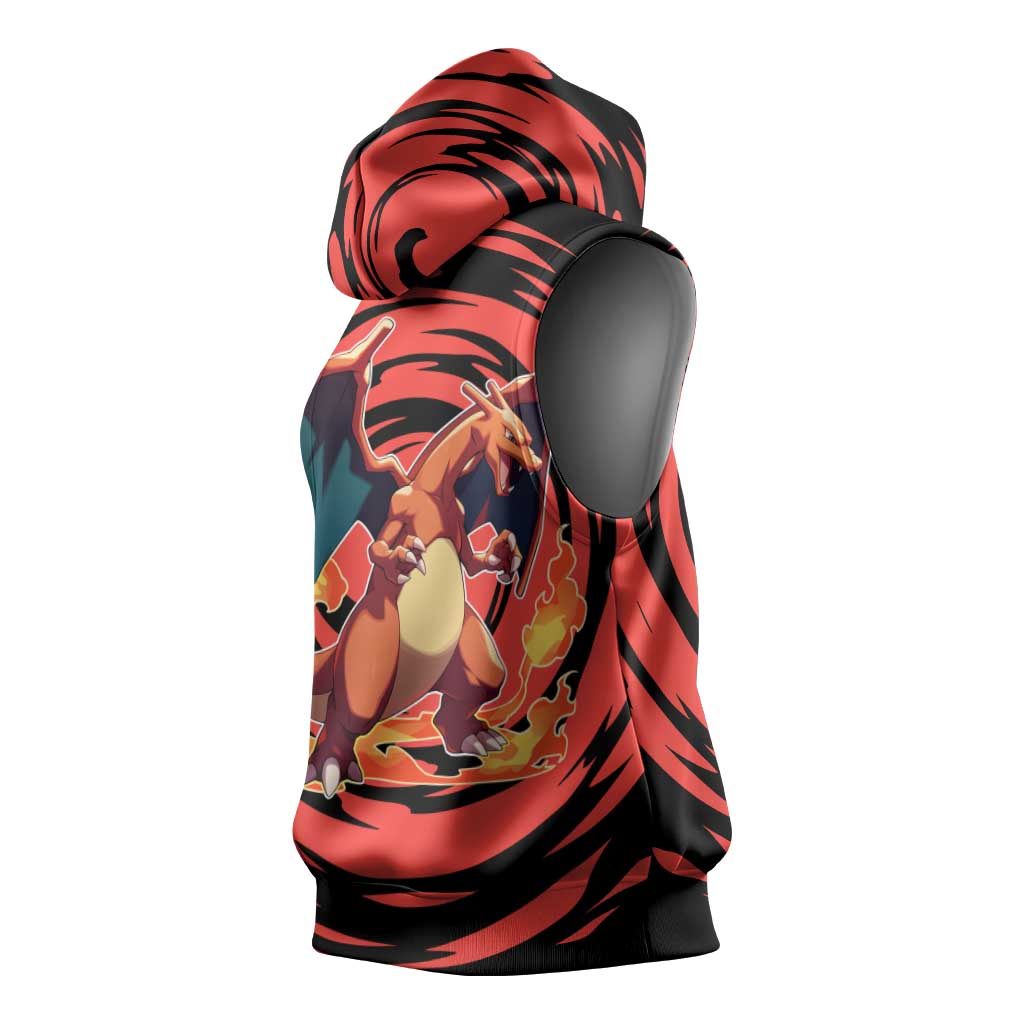 Charizard Pokémon Red and Black Swirl Design Sleeveless Hoodie with Flames, Pokéball Accents, and Dynamic Fire-Breathing Pose - The Mazicc