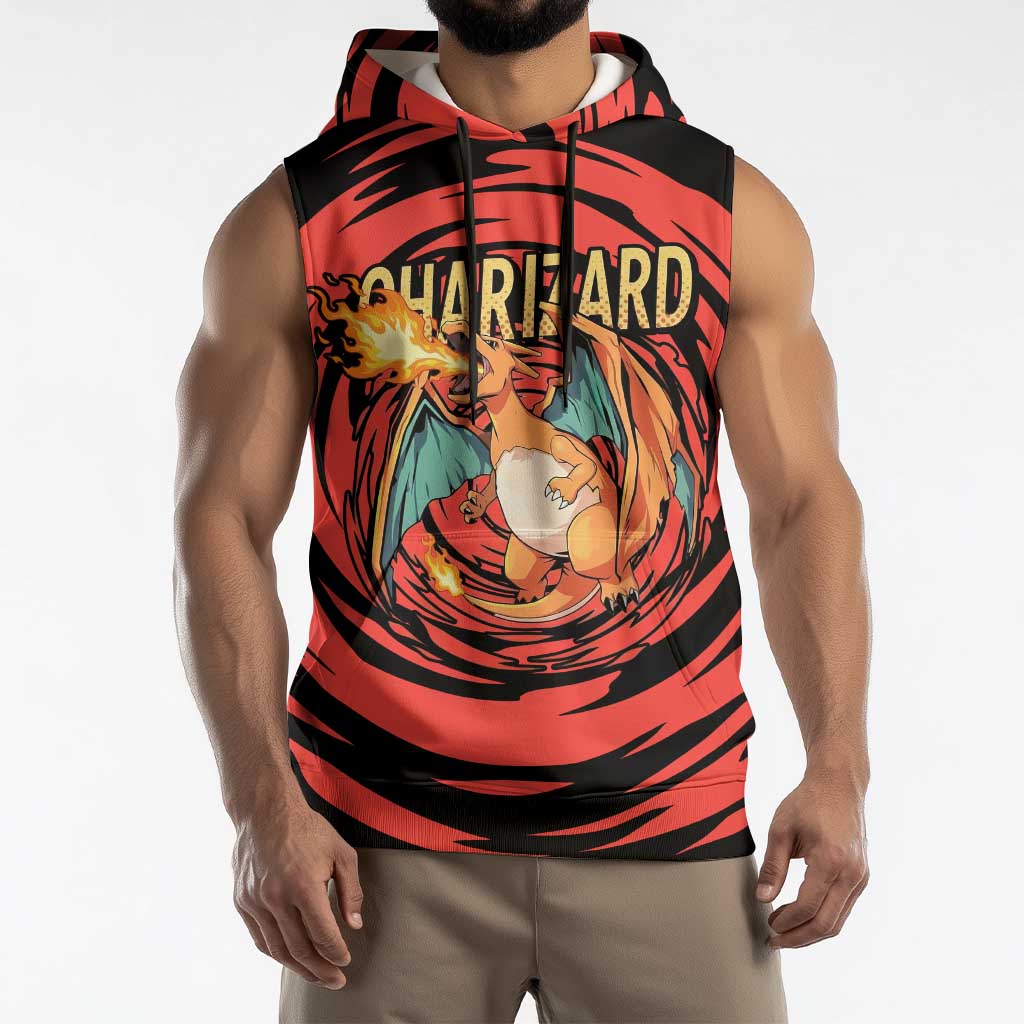Charizard Pokémon Red and Black Swirl Design Sleeveless Hoodie with Flames, Pokéball Accents, and Dynamic Fire-Breathing Pose - The Mazicc
