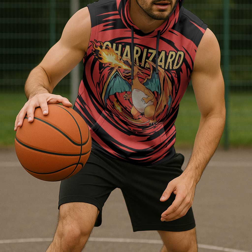 Charizard Pokémon Red and Black Swirl Design Sleeveless Hoodie with Flames, Pokéball Accents, and Dynamic Fire-Breathing Pose - The Mazicc