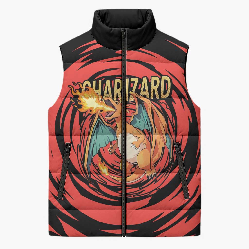 Charizard Pokémon Red and Black Swirl Design Sleeveless Puffer Jacket with Flames, Pokéball Accents, and Dynamic Fire-Breathing Pose - The Mazicc