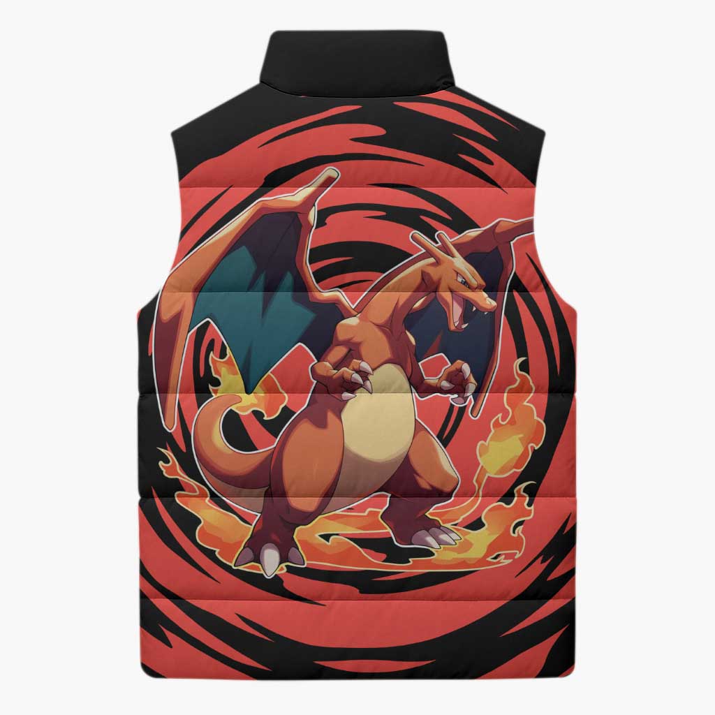 Charizard Pokémon Red and Black Swirl Design Sleeveless Puffer Jacket with Flames, Pokéball Accents, and Dynamic Fire-Breathing Pose - The Mazicc