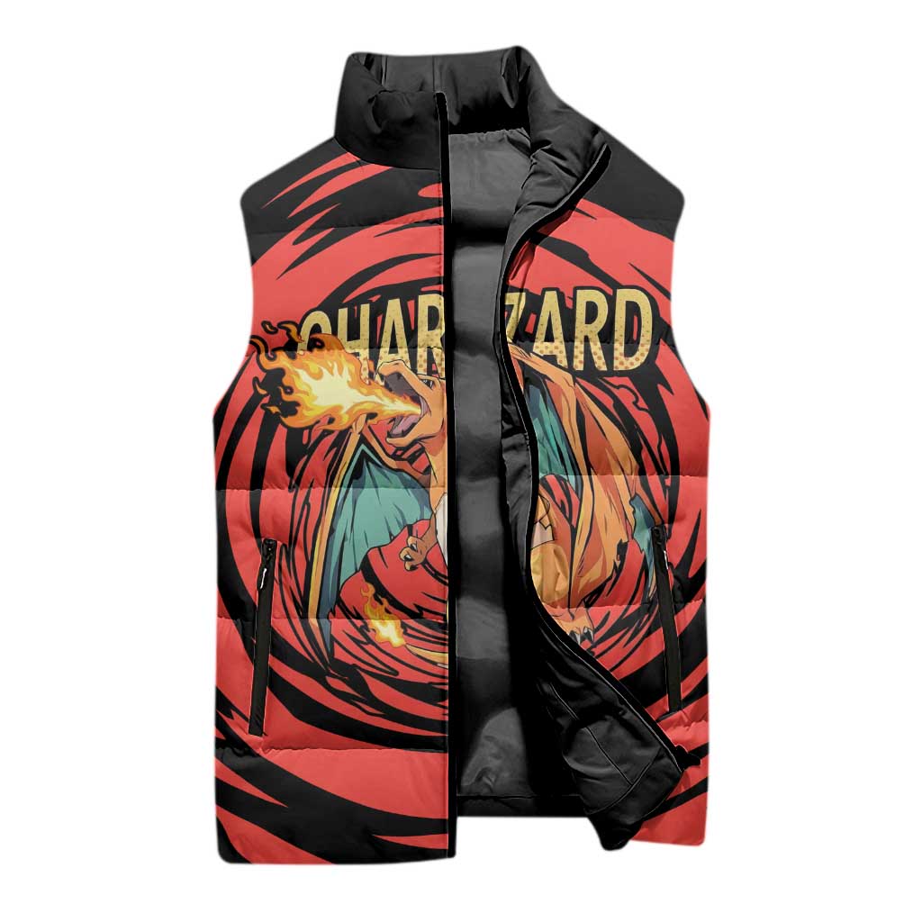 Charizard Pokémon Red and Black Swirl Design Sleeveless Puffer Jacket with Flames, Pokéball Accents, and Dynamic Fire-Breathing Pose - The Mazicc