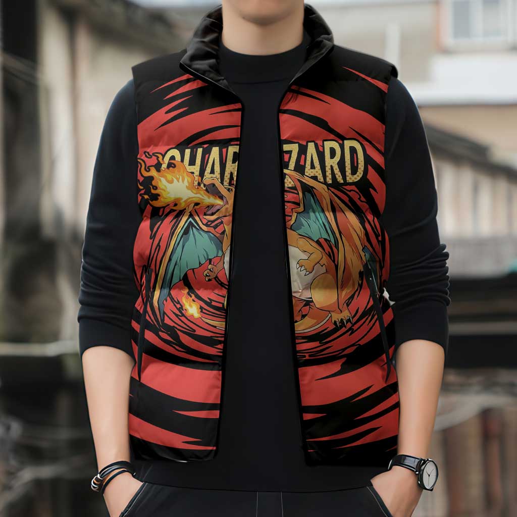 Charizard Pokémon Red and Black Swirl Design Sleeveless Puffer Jacket with Flames, Pokéball Accents, and Dynamic Fire-Breathing Pose - The Mazicc