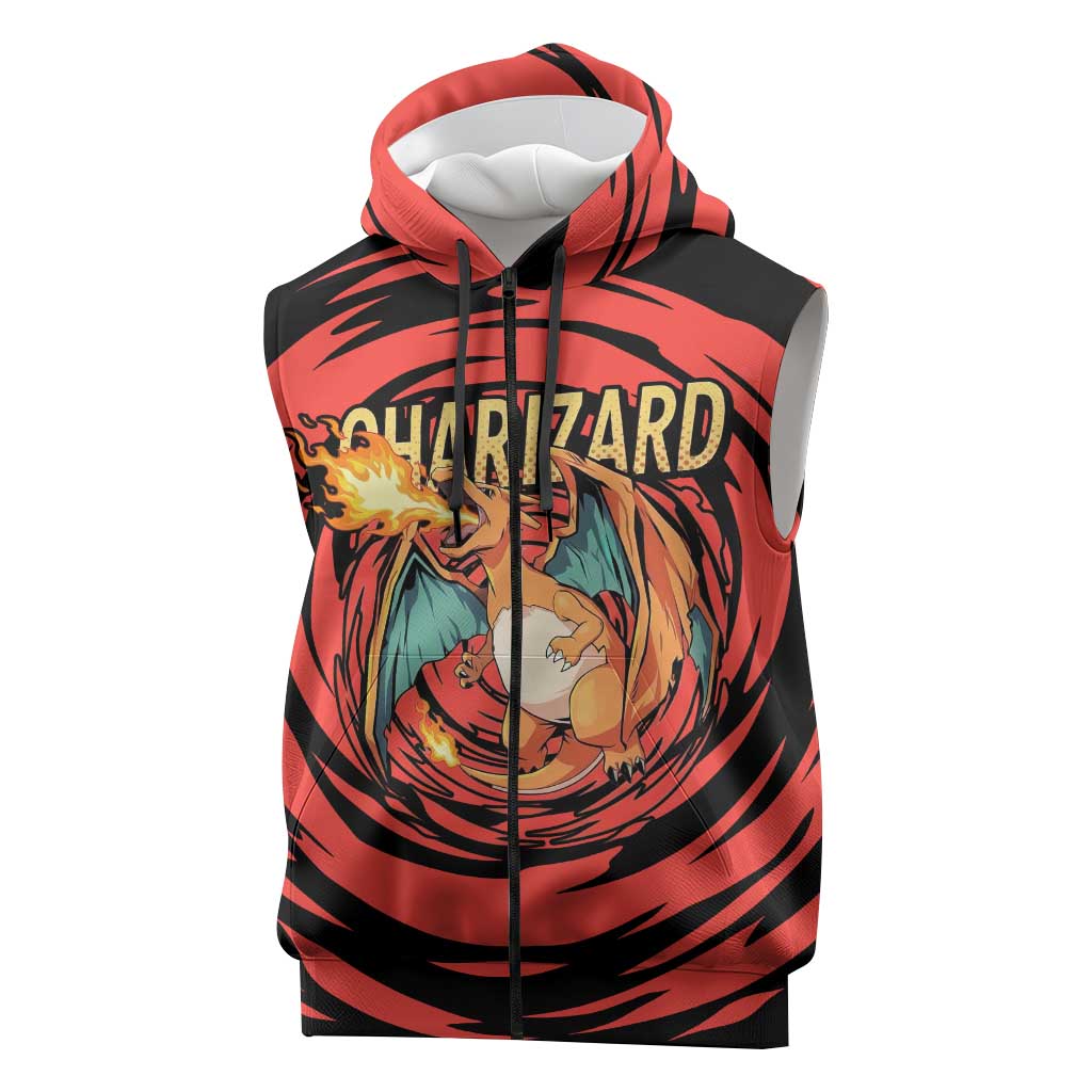 Charizard Pokémon Red and Black Swirl Design Sleeveless Zip Hoodie with Flames, Pokéball Accents, and Dynamic Fire-Breathing Pose - The Mazicc