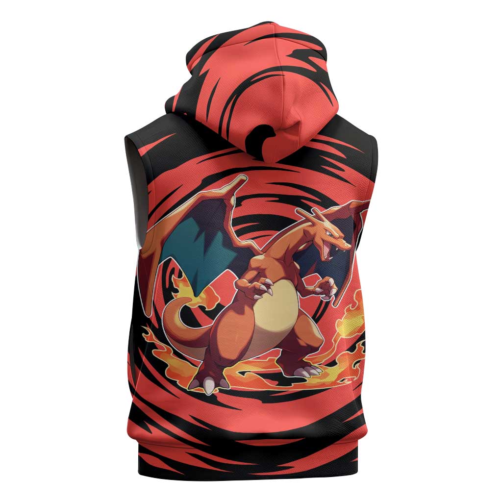 Charizard Pokémon Red and Black Swirl Design Sleeveless Zip Hoodie with Flames, Pokéball Accents, and Dynamic Fire-Breathing Pose - The Mazicc