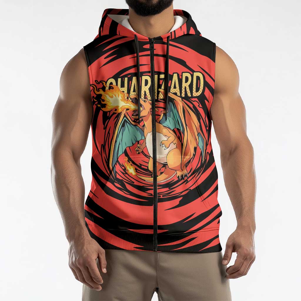 Charizard Pokémon Red and Black Swirl Design Sleeveless Zip Hoodie with Flames, Pokéball Accents, and Dynamic Fire-Breathing Pose - The Mazicc