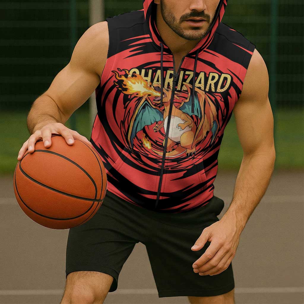 Charizard Pokémon Red and Black Swirl Design Sleeveless Zip Hoodie with Flames, Pokéball Accents, and Dynamic Fire-Breathing Pose - The Mazicc
