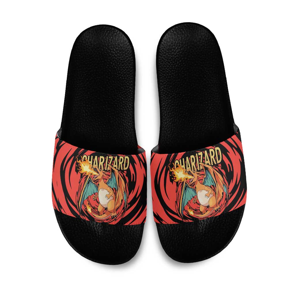 Charizard Pokémon Red and Black Swirl Design Slide Sandals with Flames, Pokéball Accents, and Dynamic Fire-Breathing Pose - The Mazicc
