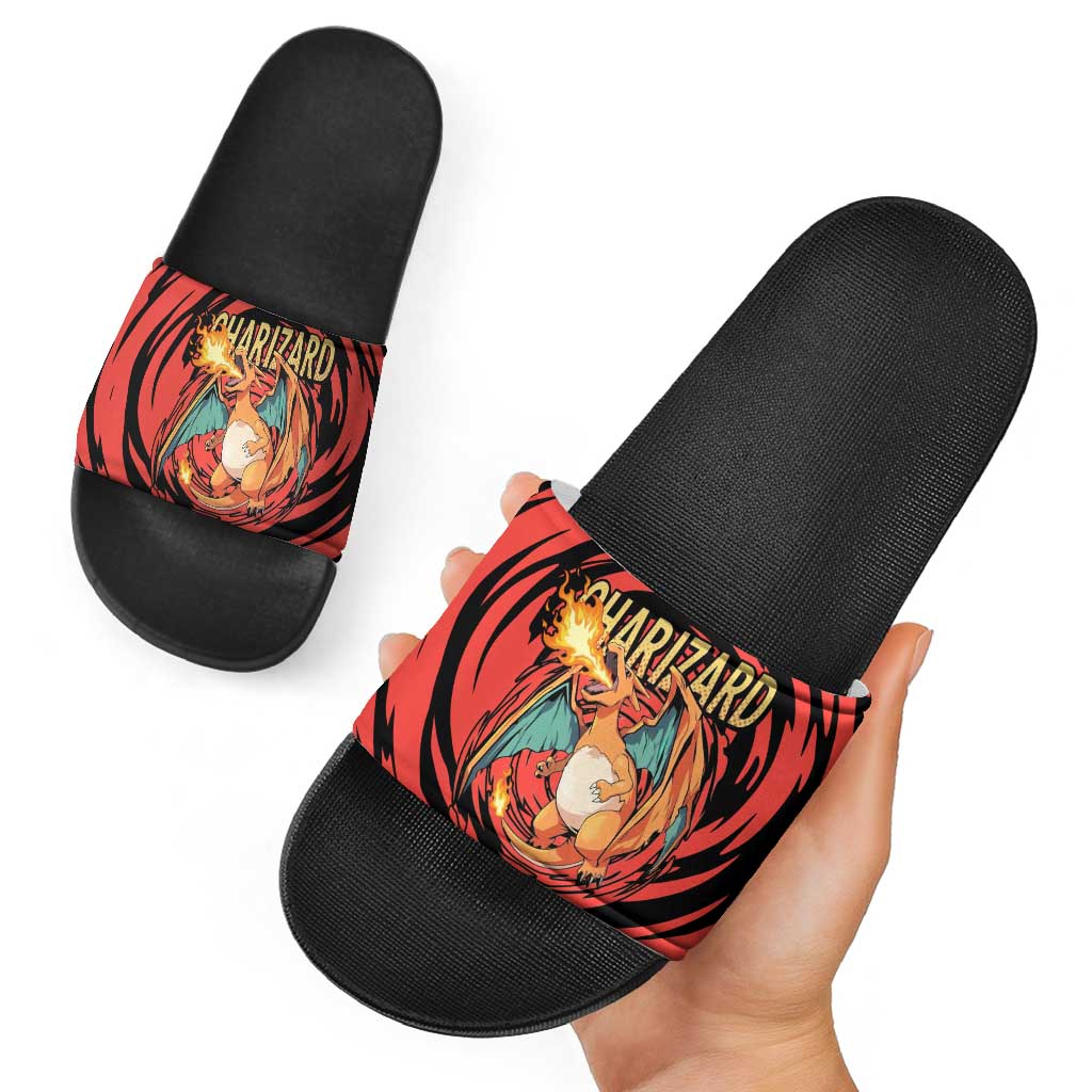 Charizard Pokémon Red and Black Swirl Design Slide Sandals with Flames, Pokéball Accents, and Dynamic Fire-Breathing Pose - The Mazicc