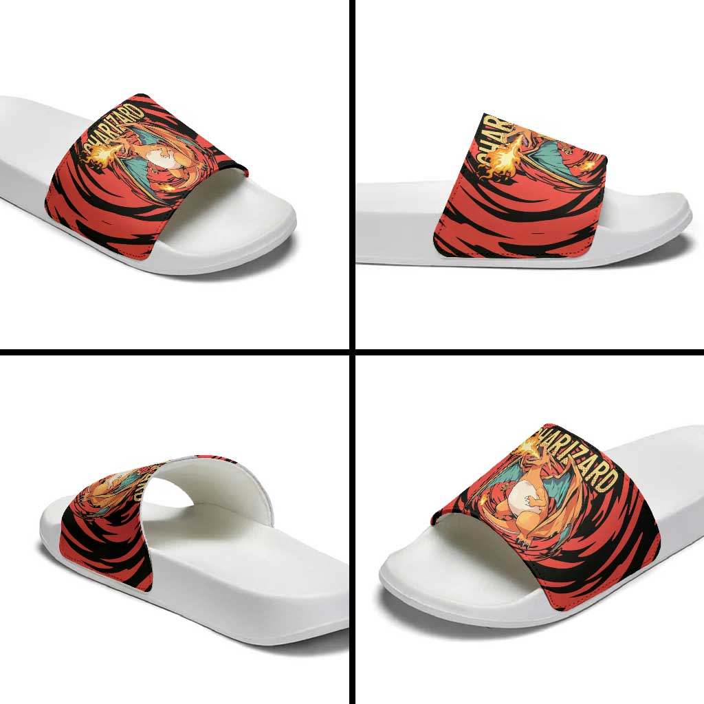 Charizard Pokémon Red and Black Swirl Design Slide Sandals with Flames, Pokéball Accents, and Dynamic Fire-Breathing Pose - The Mazicc