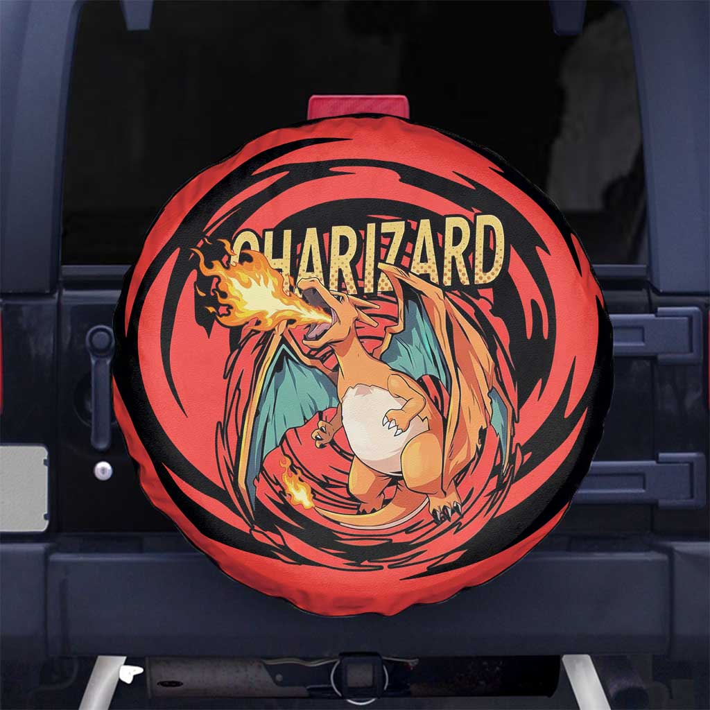 Charizard Pokémon Red and Black Swirl Design Spare Tire Cover with Flames, Pokéball Accents, and Dynamic Fire-Breathing Pose - The Mazicc