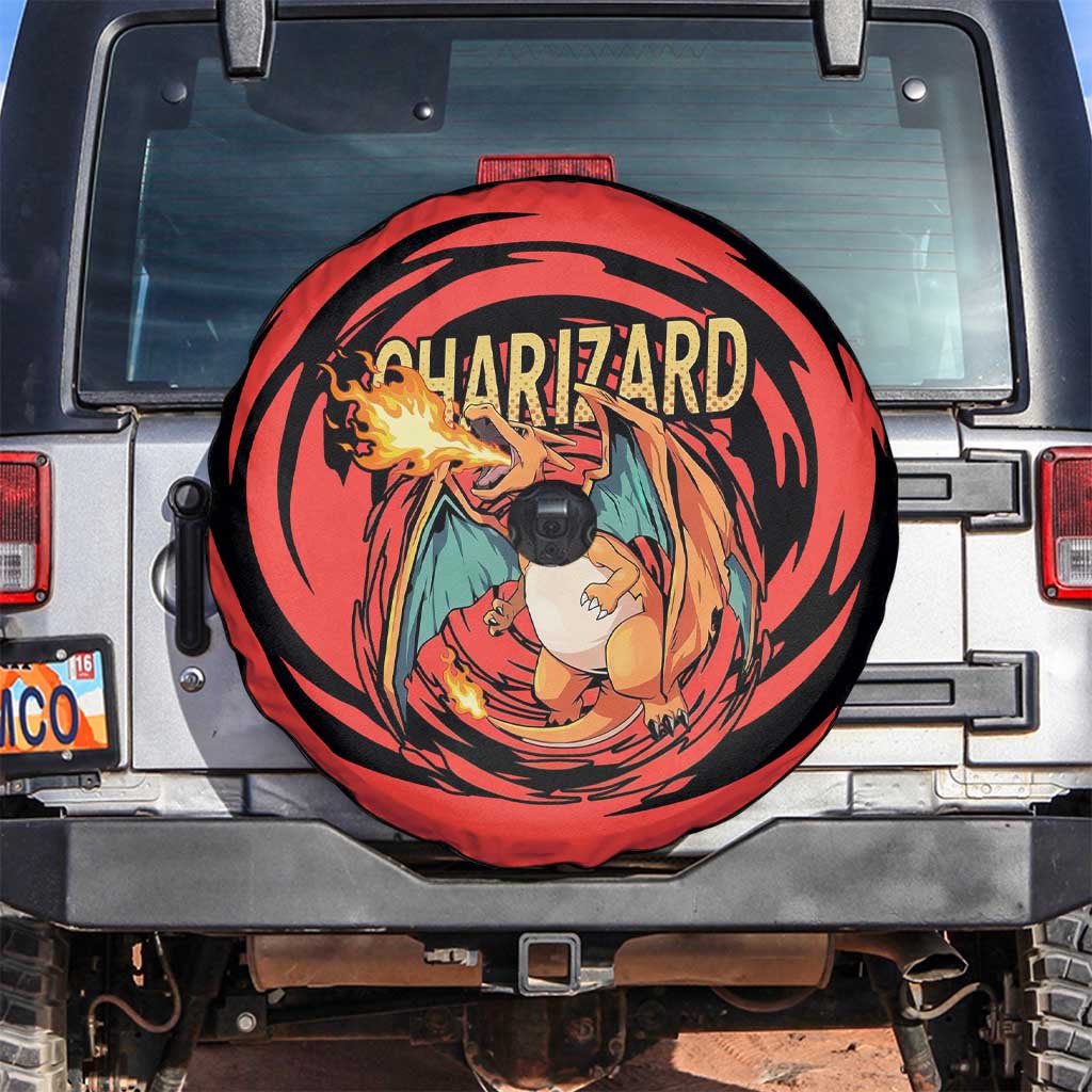 Charizard Pokémon Red and Black Swirl Design Spare Tire Cover with Flames, Pokéball Accents, and Dynamic Fire-Breathing Pose - The Mazicc