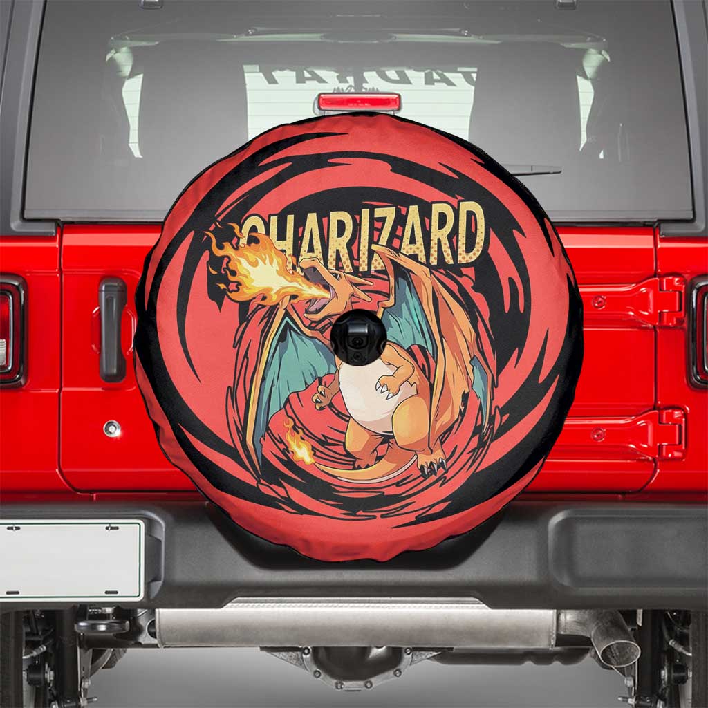 Charizard Pokémon Red and Black Swirl Design Spare Tire Cover with Flames, Pokéball Accents, and Dynamic Fire-Breathing Pose - The Mazicc