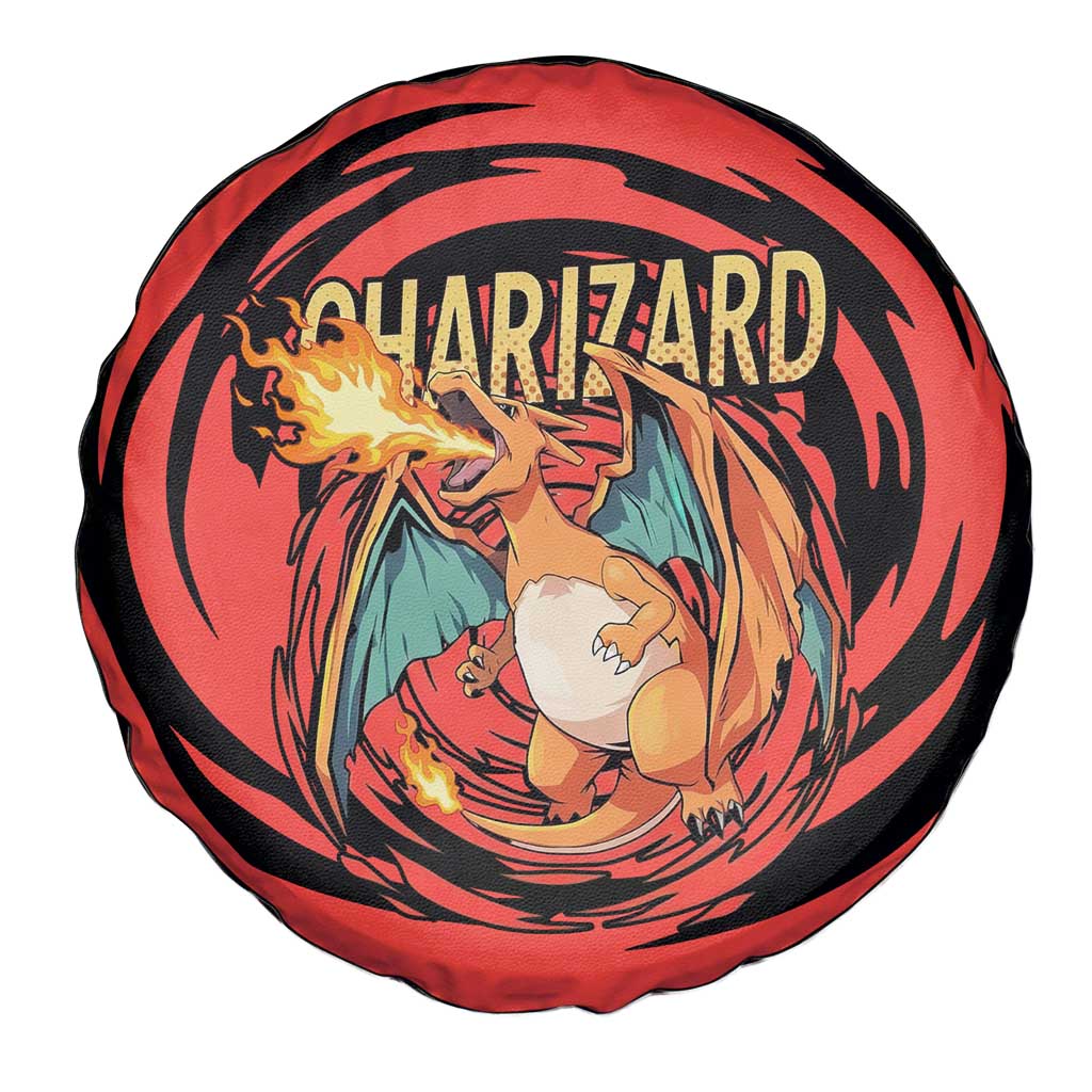Charizard Pokémon Red and Black Swirl Design Spare Tire Cover with Flames, Pokéball Accents, and Dynamic Fire-Breathing Pose - The Mazicc