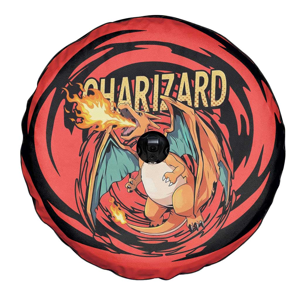 Charizard Pokémon Red and Black Swirl Design Spare Tire Cover with Flames, Pokéball Accents, and Dynamic Fire-Breathing Pose - The Mazicc