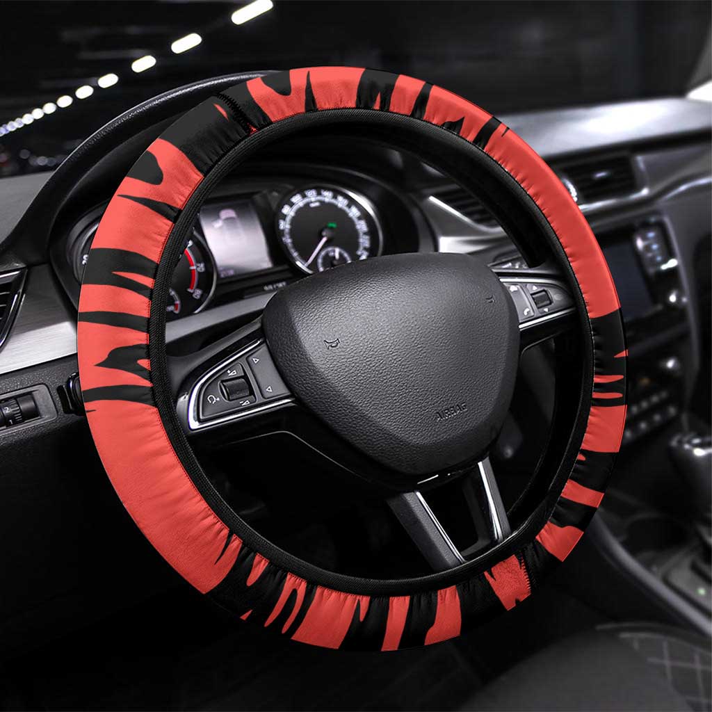 Charizard Pokémon Red and Black Swirl Design Steering Wheel Cover with Flames, Pokéball Accents, and Dynamic Fire-Breathing Pose - The Mazicc