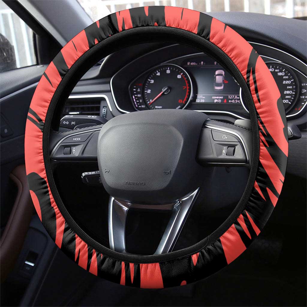 Charizard Pokémon Red and Black Swirl Design Steering Wheel Cover with Flames, Pokéball Accents, and Dynamic Fire-Breathing Pose - The Mazicc