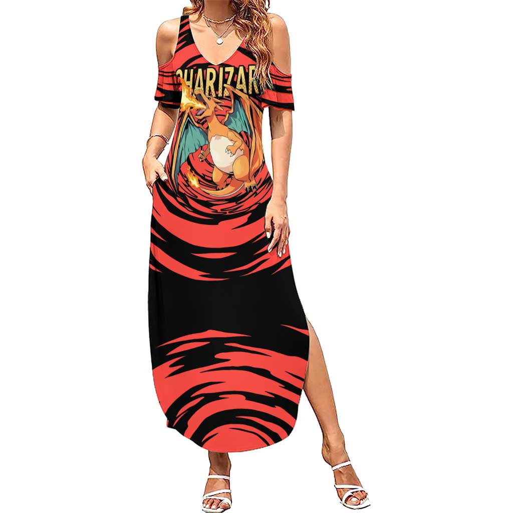 Charizard Pokémon Red and Black Swirl Design Summer Maxi Dress with Flames, Pokéball Accents, and Dynamic Fire-Breathing Pose - The Mazicc