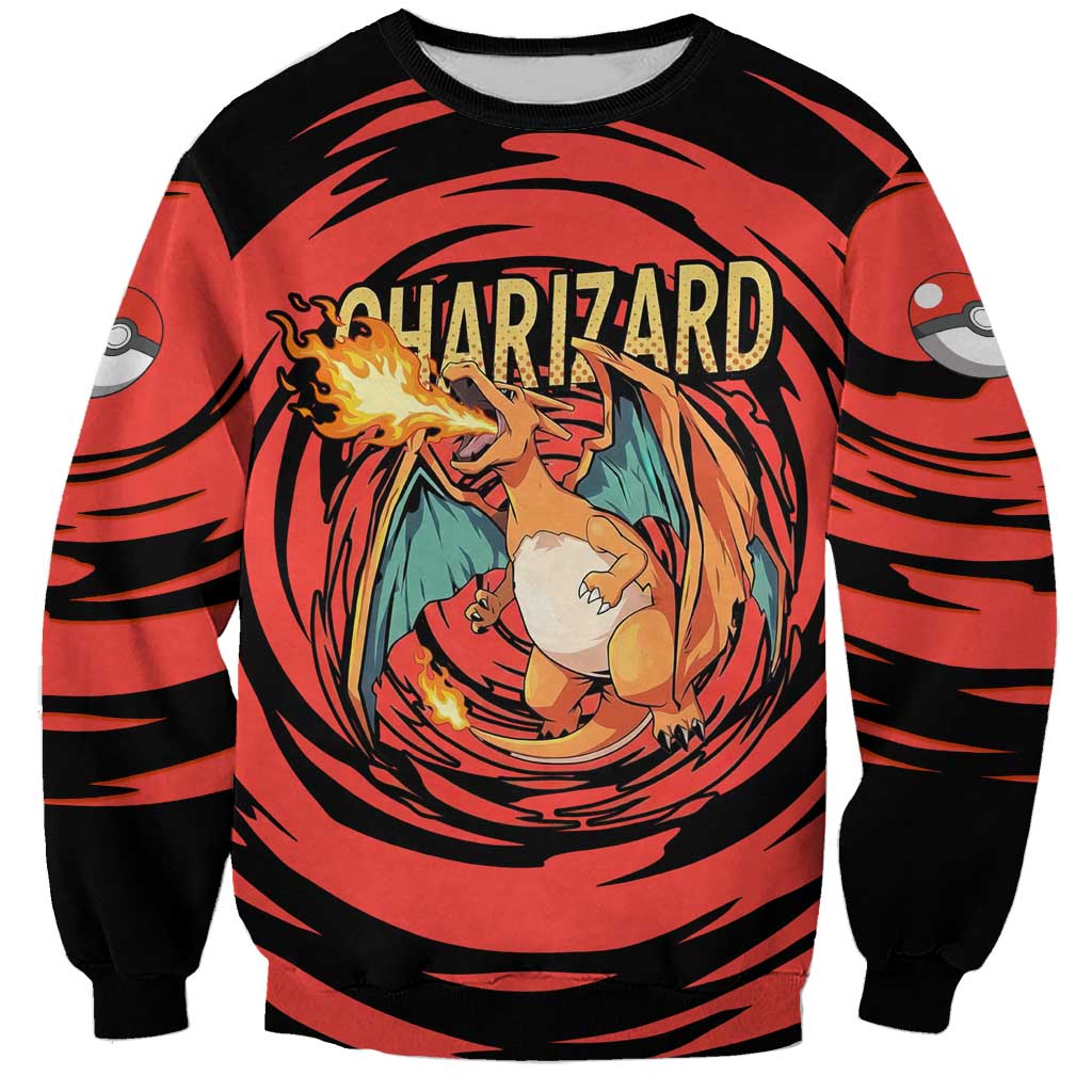 Charizard Pokémon Red and Black Swirl Design Sweatshirt with Flames, Pokéball Accents, and Dynamic Fire-Breathing Pose - The Mazicc